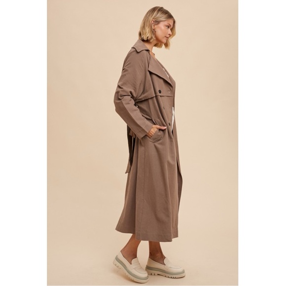 330 • Truffle Cotton Linen Blend Long Line Double Breasted Classic Trench Coat - Picture 3 of 4